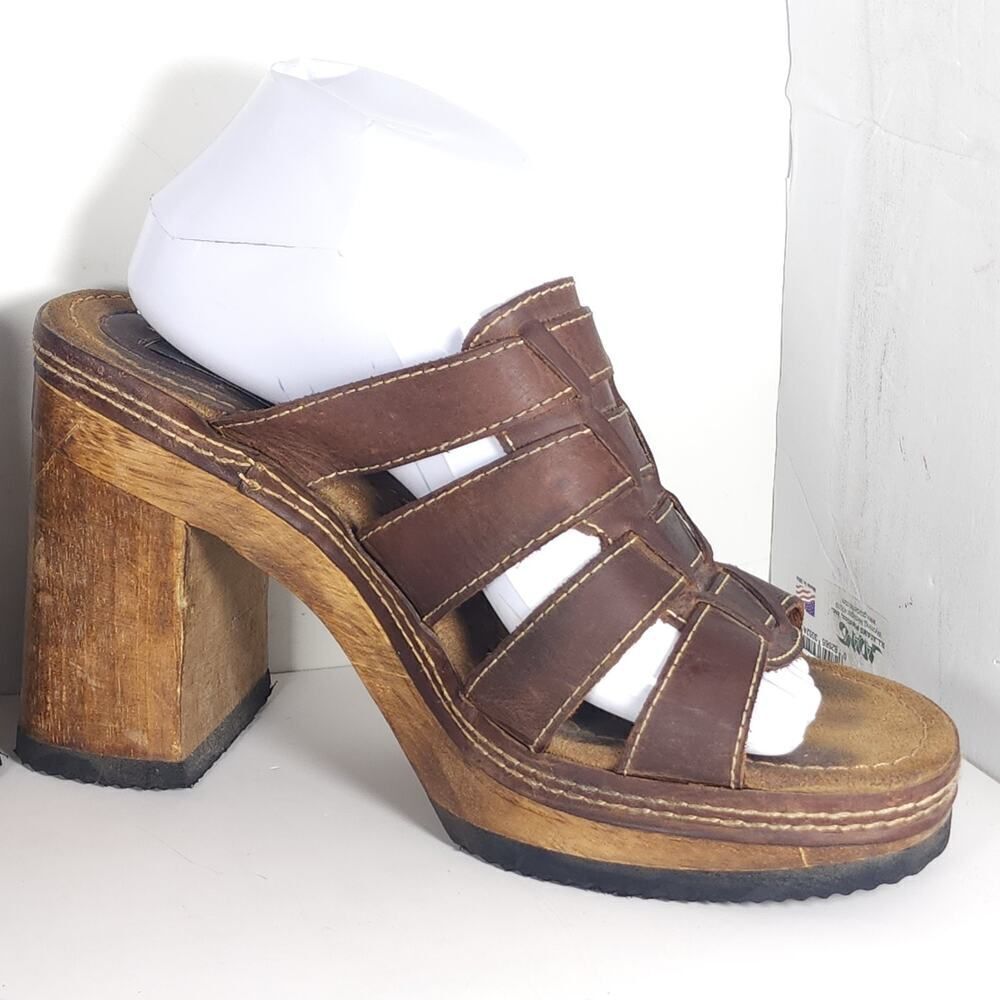 Bongo Women's Vintage 90s Y2K US10 Brown Leather Wooden Chunky Platform Sandals - Picture 7 of 16